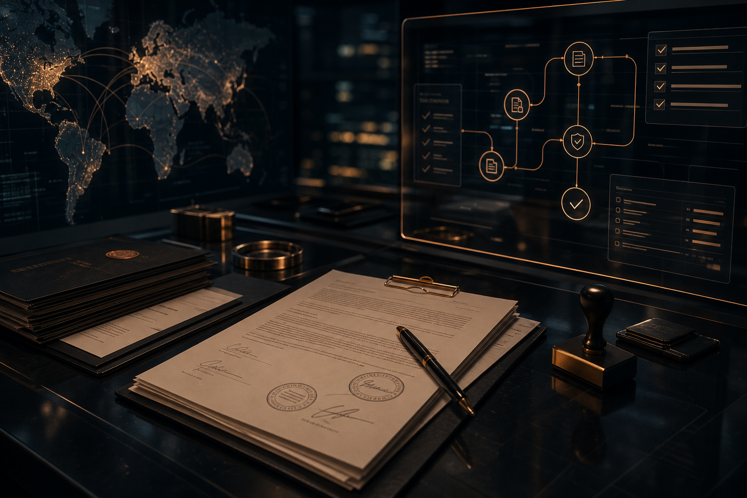 Documents, approvals, and compliance sit inside the workflow.